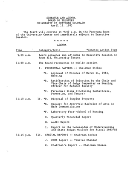 SCHEDULE and AGENDA BOARD of TRUSTEES UNIVERSITY of NORTHERN COLORADO April 11, 1983