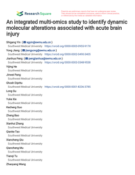 An Integrated Multi-Omics Study to Identify Dynamic Molecular Alterations Associated with Acute Brain Injury