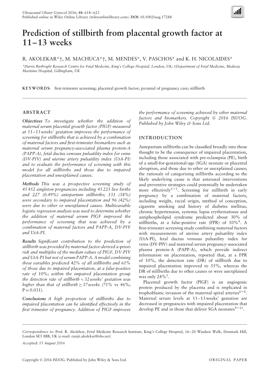 Prediction of Stillbirth from Placental Growth Factor at 11--13 Weeks