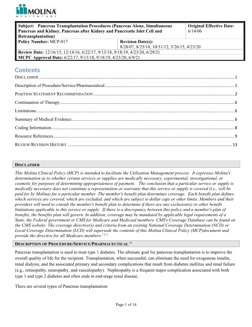 Pancreas Transplant Procedures MCG-017