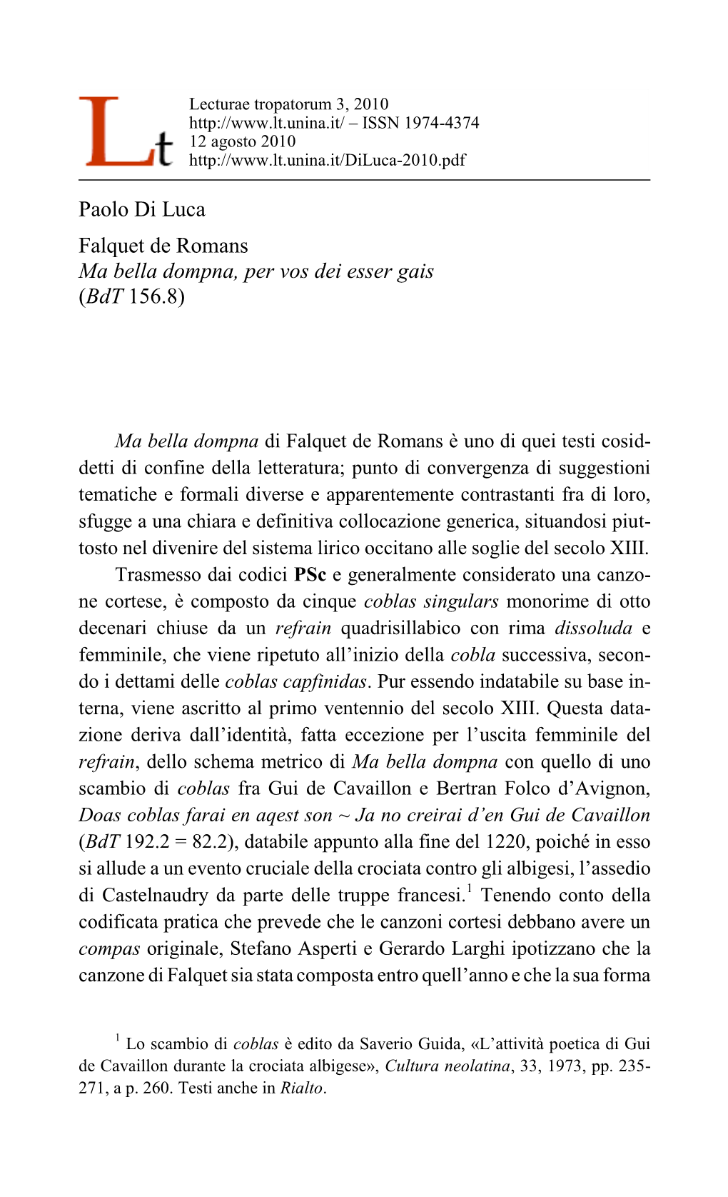 Paolo Di Luca Falquet De Romans Ma Bella Dompna, Per Vos Dei Esser Gais (Bdt 156.8)