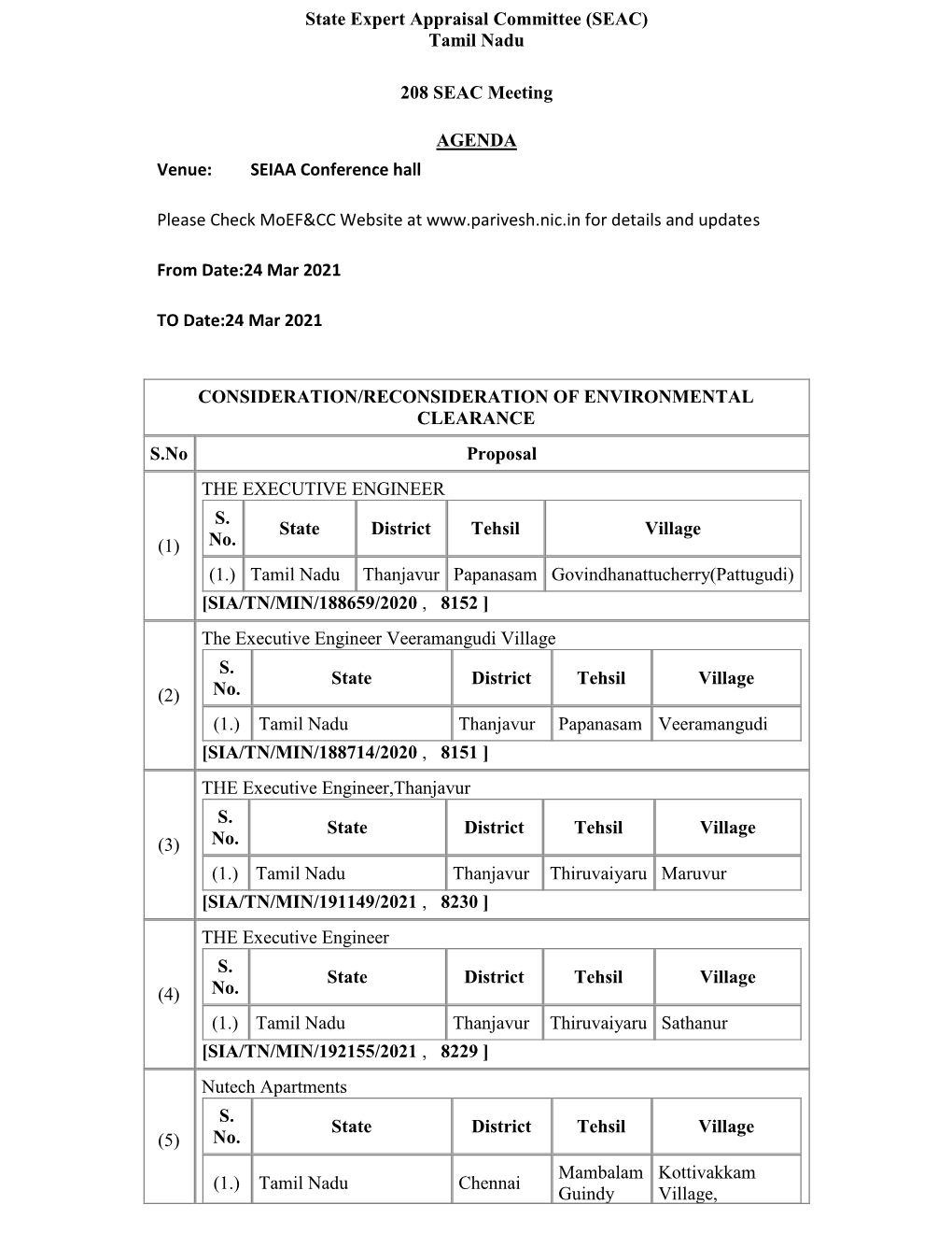 Tamil Nadu 208 SEAC Meeting AGENDA Venue: SEIAA