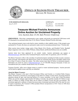 Treasurer Michael Frerichs Announces Online Auction for Unclaimed Property Live Auction June 22-26, Sale Preview Underway