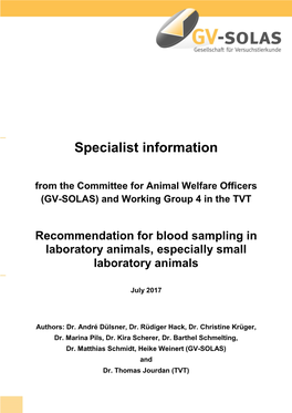 Recommendation for Blood Sampling in Laboratory Animals, Especially Small Laboratory Animals