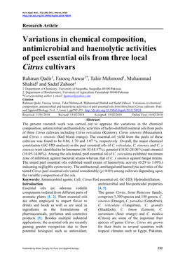 Variations in Chemical Composition, Antimicrobial and Haemolytic Activities of Peel Essential Oils from Three Local Citrus Cultivars