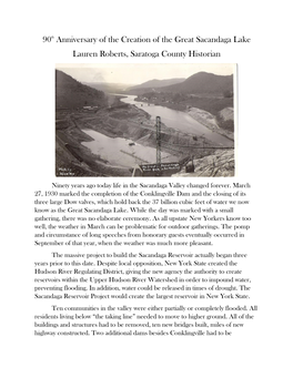 90Th Anniversary of the Creation of the Great Sacandaga Lake Lauren Roberts, Saratoga County Historian