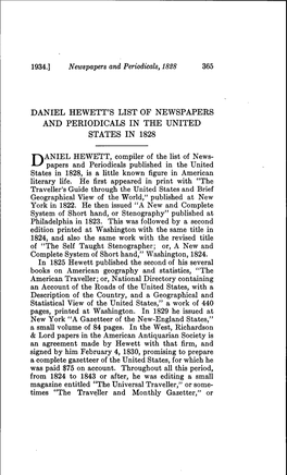 Daniel Hewett's List of Newspapers and Periodicals in the United States in 1828