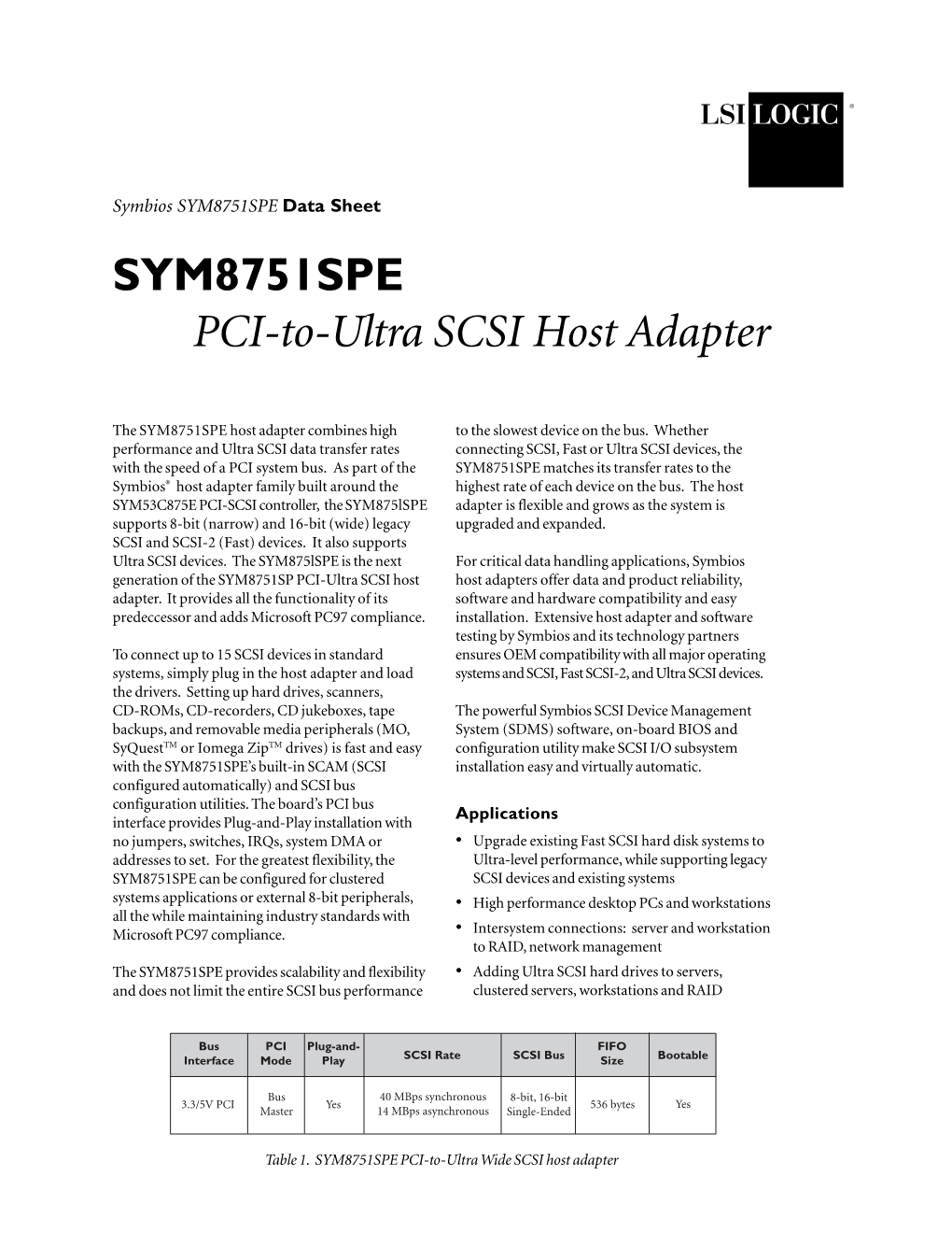 SYM8751SPE PCI-To-Ultra SCSI Host Adapter