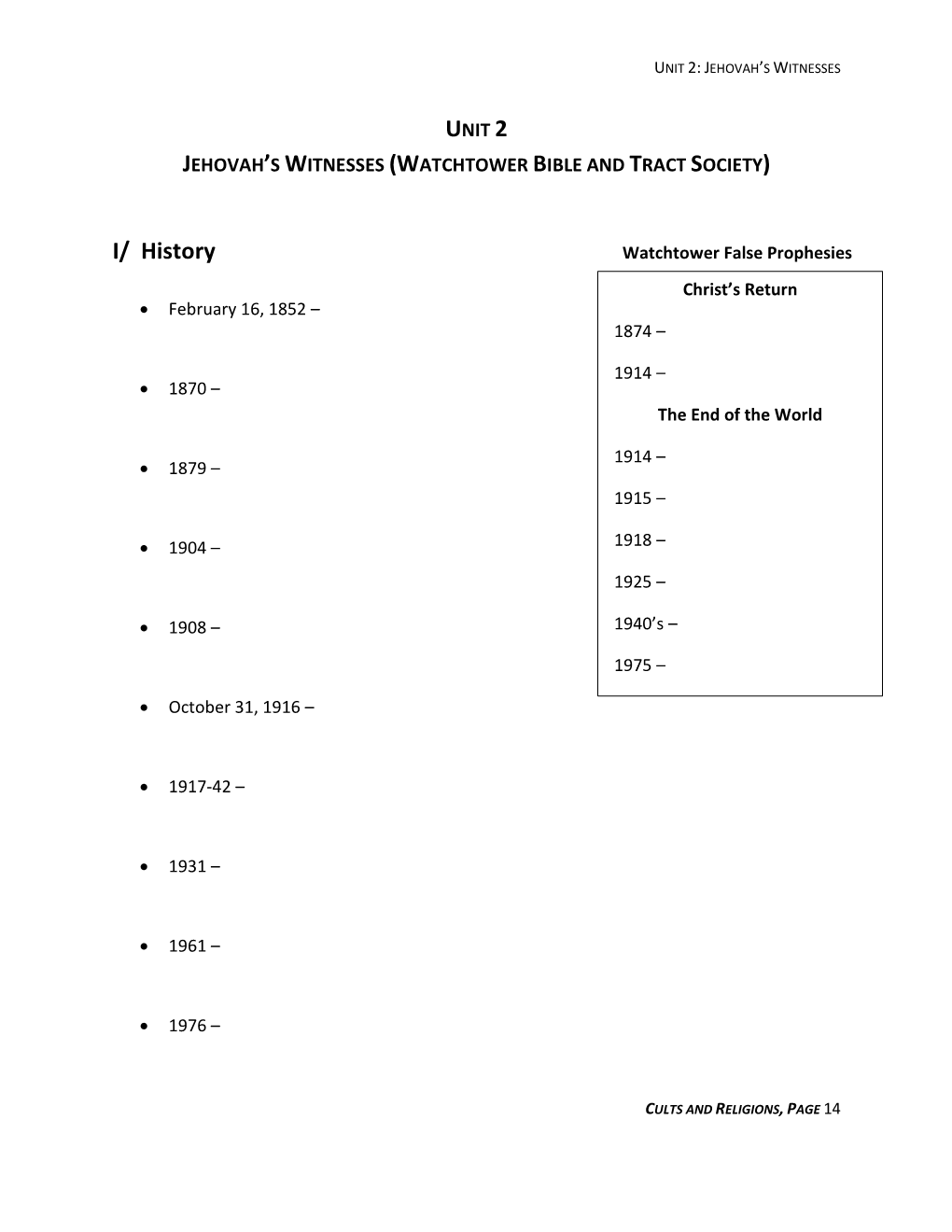 Unit 2 Jehovah's Witnesses (Watchtower Bible And