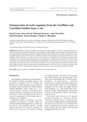 Endoparasites of Exotic Ungulates from the Giraffidae and Camelidae Families Kept Ex Situ