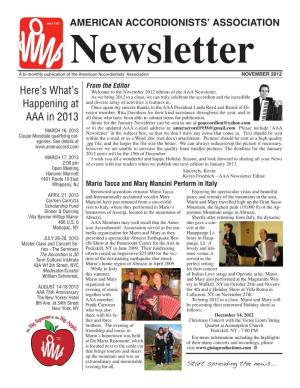 NOVEMBER 2012 from the Editor Here’S What’S Welcome to the November 2012 Edition of the AAA Newsletter