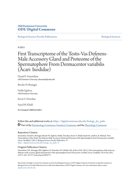 First Transcriptome of the Testis-Vas Deferens-Male Accessory Gland and Proteome of the Spermatophore from Dermacentor Variabilis (Acari: Ixodidae)" (2011)