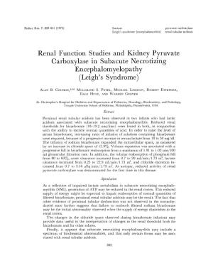 Renal Function Studies and Kidney Pyruvate Garboxylase in Subacute Necrotizing Encephalomyelopathy Leigh's Syndrome)