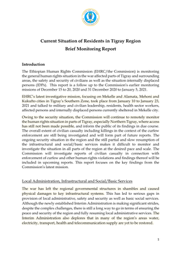 Current Situation of Residents in Tigray Region Brief Monitoring Report