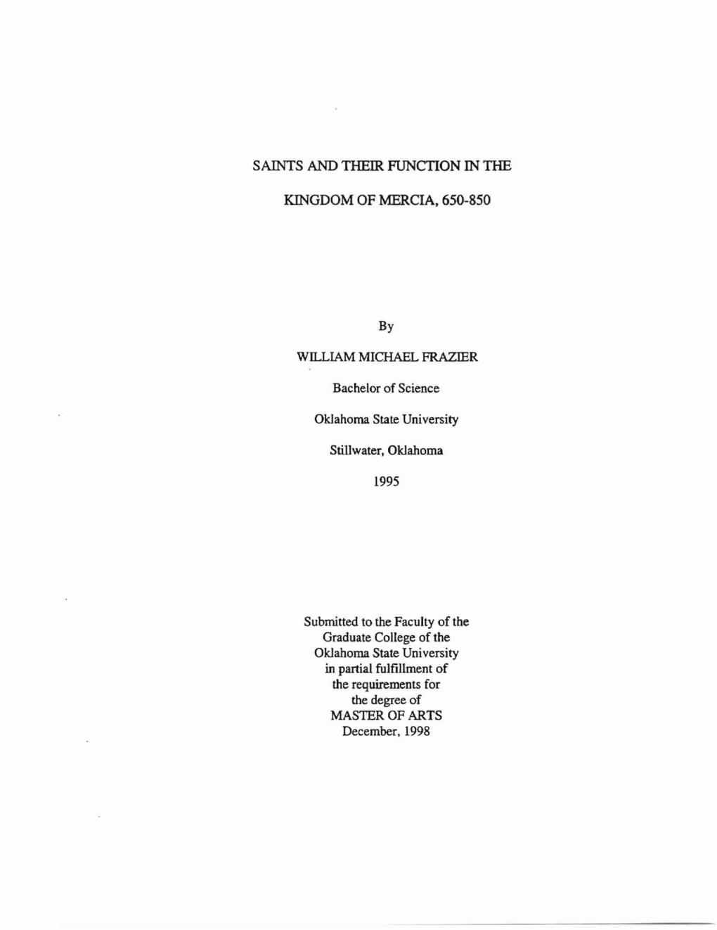 Saints and Their Function in the Kingdom of Mercia, 650-850