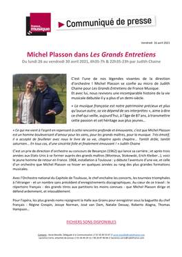 Michel Plasson Dans Les Grands Entretiens Du Lundi 26 Au Vendredi 30 Avril 2021, 6H35-7H & 22H35-23H Par Judith Chaine