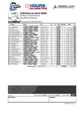 EUROPEAN LE MANS SERIES 4 Hours of Silverstone Qualifying Practice Provisional Classification Nr