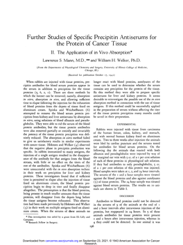 Further Studies of Specific Precipitin Antiserums for the Protein of Cancer Tissue II