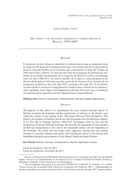 Del Poder a Los Tratados: Desarrollo Y Ferrocarriles En Bolivia, 1870-1904**