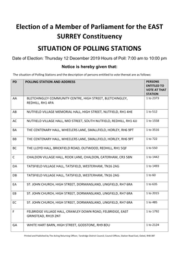 SITUATION of POLLING STATIONS Date of Election: Thursday 12 December 2019 Hours of Poll: 7:00 Am to 10:00 Pm
