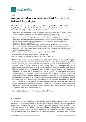 Article Antiproliferative and Antimicrobial Activities of Selected Bryophytes Martin Vollár1