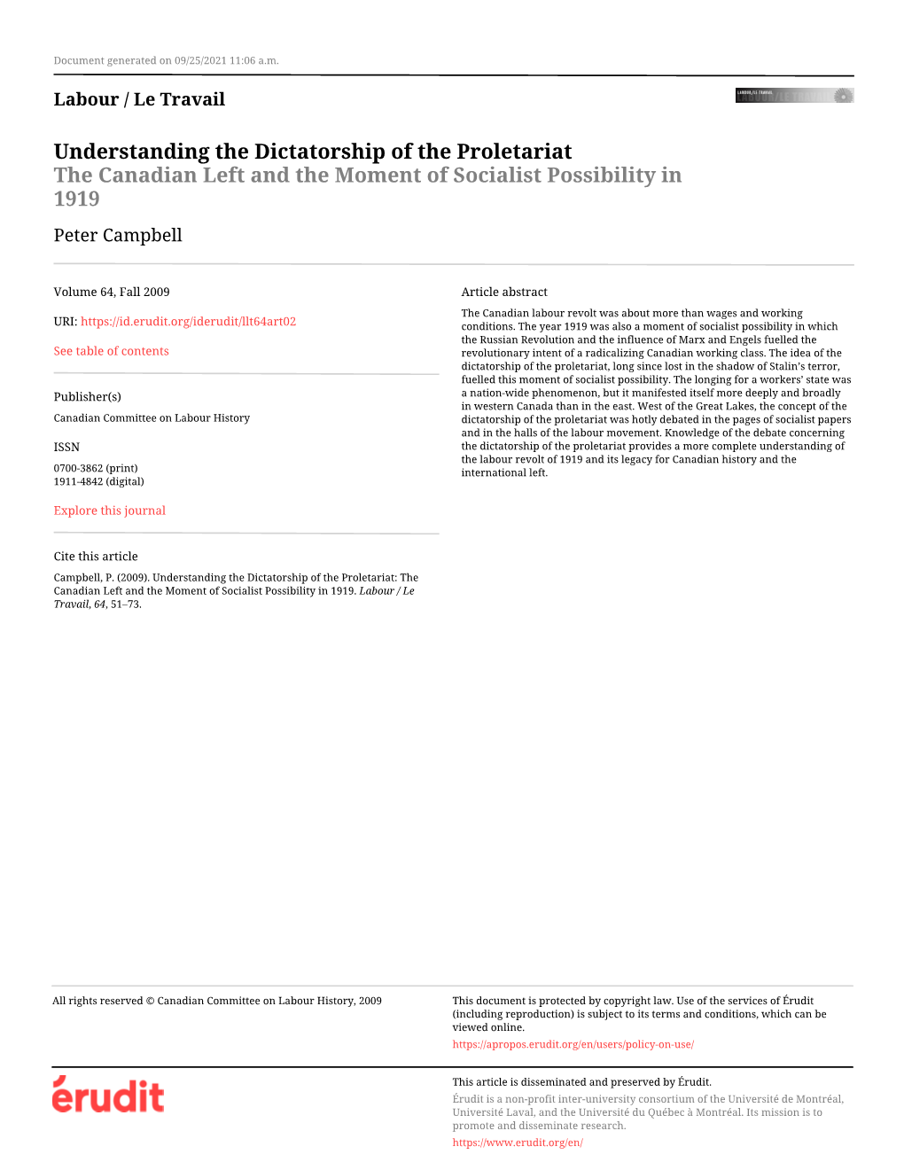 Understanding the Dictatorship of the Proletariat the Canadian Left and the Moment of Socialist Possibility in 1919 Peter Campbell