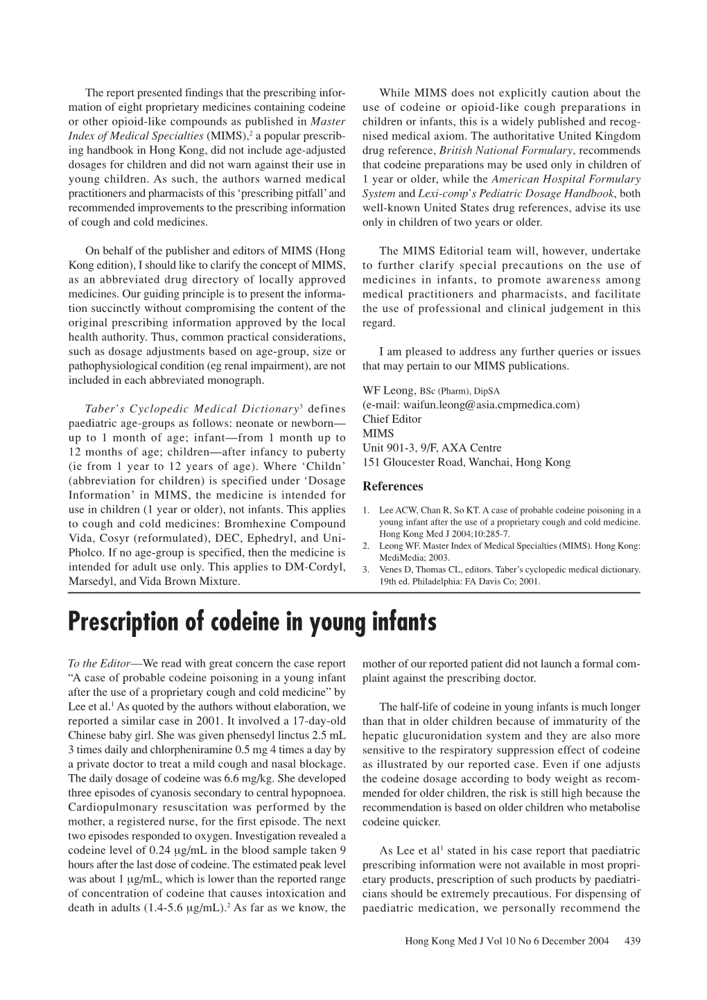 Prescription of Codeine in Young Infants