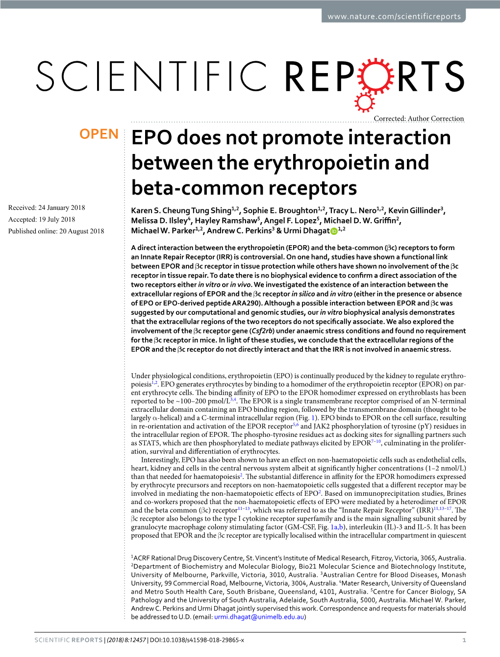 EPO Does Not Promote Interaction Between the Erythropoietin and Beta-Common Receptors Received: 24 January 2018 Karen S