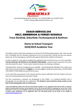 COACH SERVICE 244 HOLT, EMMBROOK & FOREST SCHOOLS from Shinfield, Arborfield, Finchampstead & Barkham