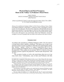 Physical Objects and Moral Wrongness: Hume on the “Fallacy” in Wollaston’S Moral Theory