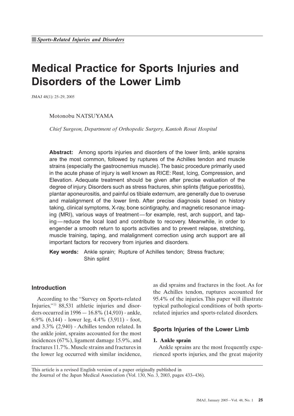Medical Practice for Sports Injuries and Disorders of the Lower Limb