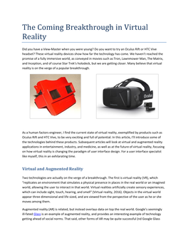 The Coming Breakthrough in Virtual Reality