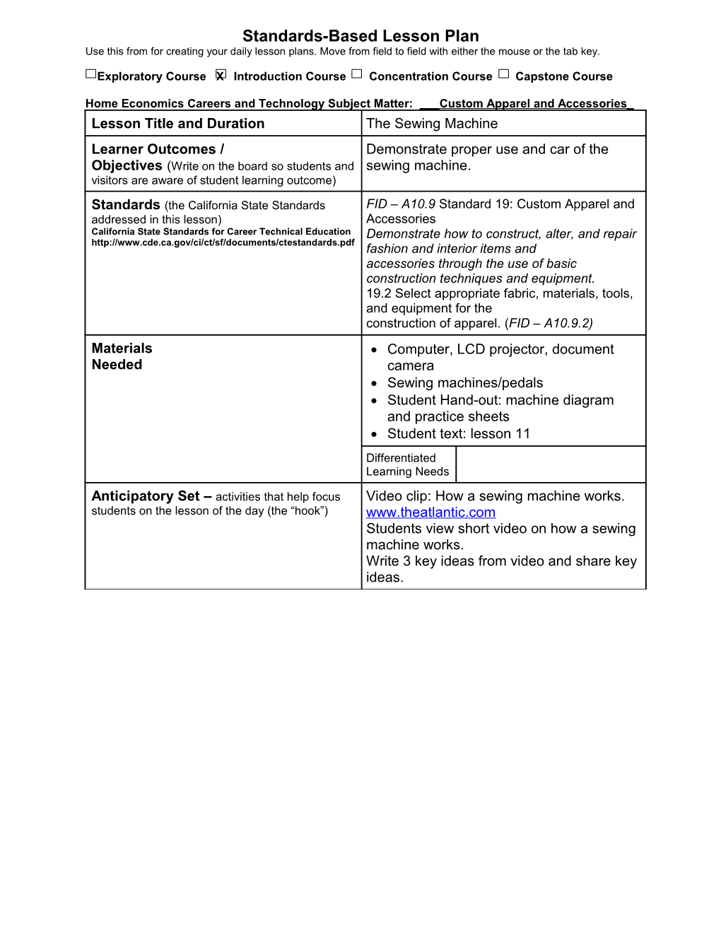 Madeline Hunter Standards-Based Lesson Plan