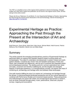 Experimental Heritage As Practice: Approaching the Past Through the Present at the Intersection of Art and Archaeology, Internet Archaeology 55