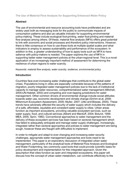 1 the Use of Material Flow Analysis for Supporting Enhanced Water Policy Abstract the Use of Environmental and Resource Accounti