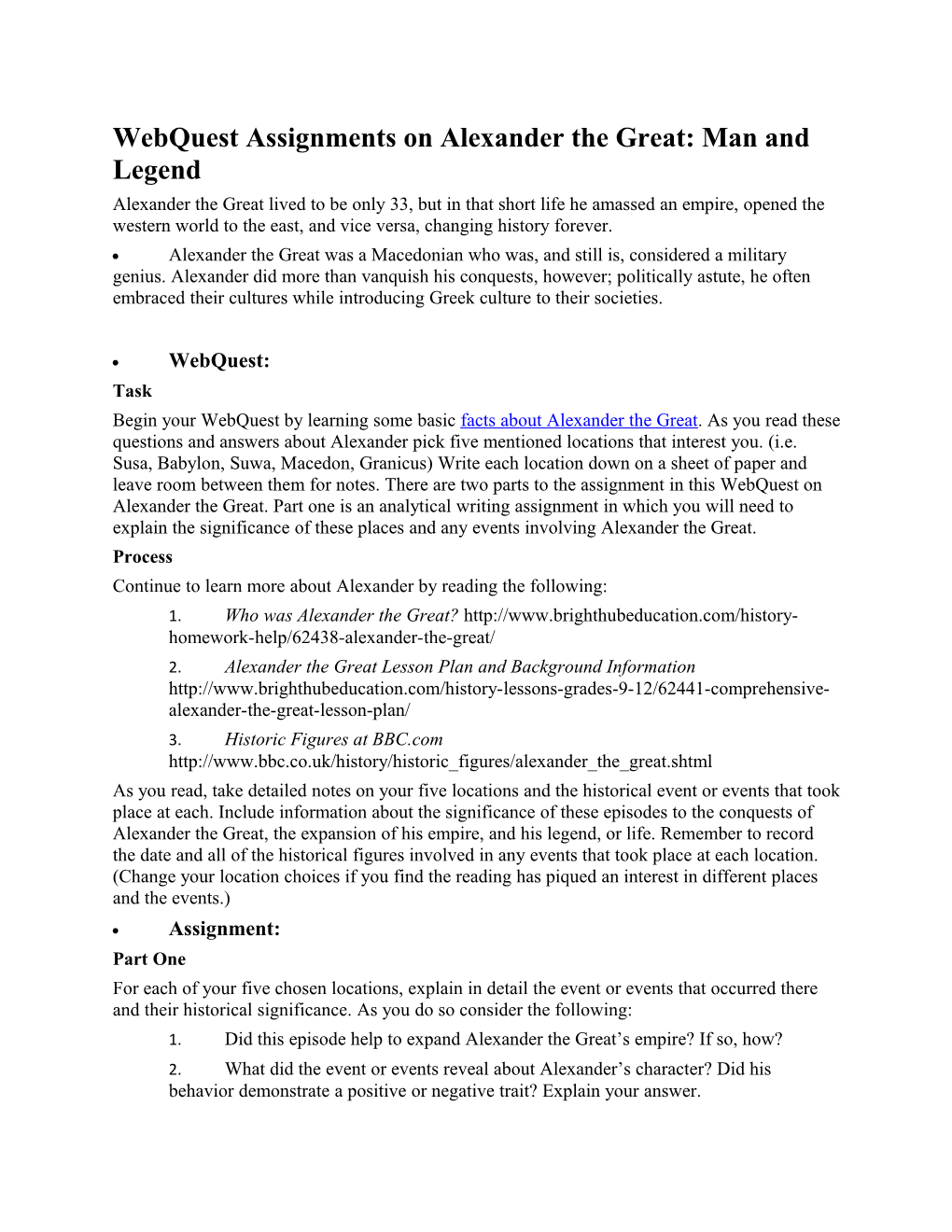 Webquest Assignments on Alexander the Great: Man and Legend