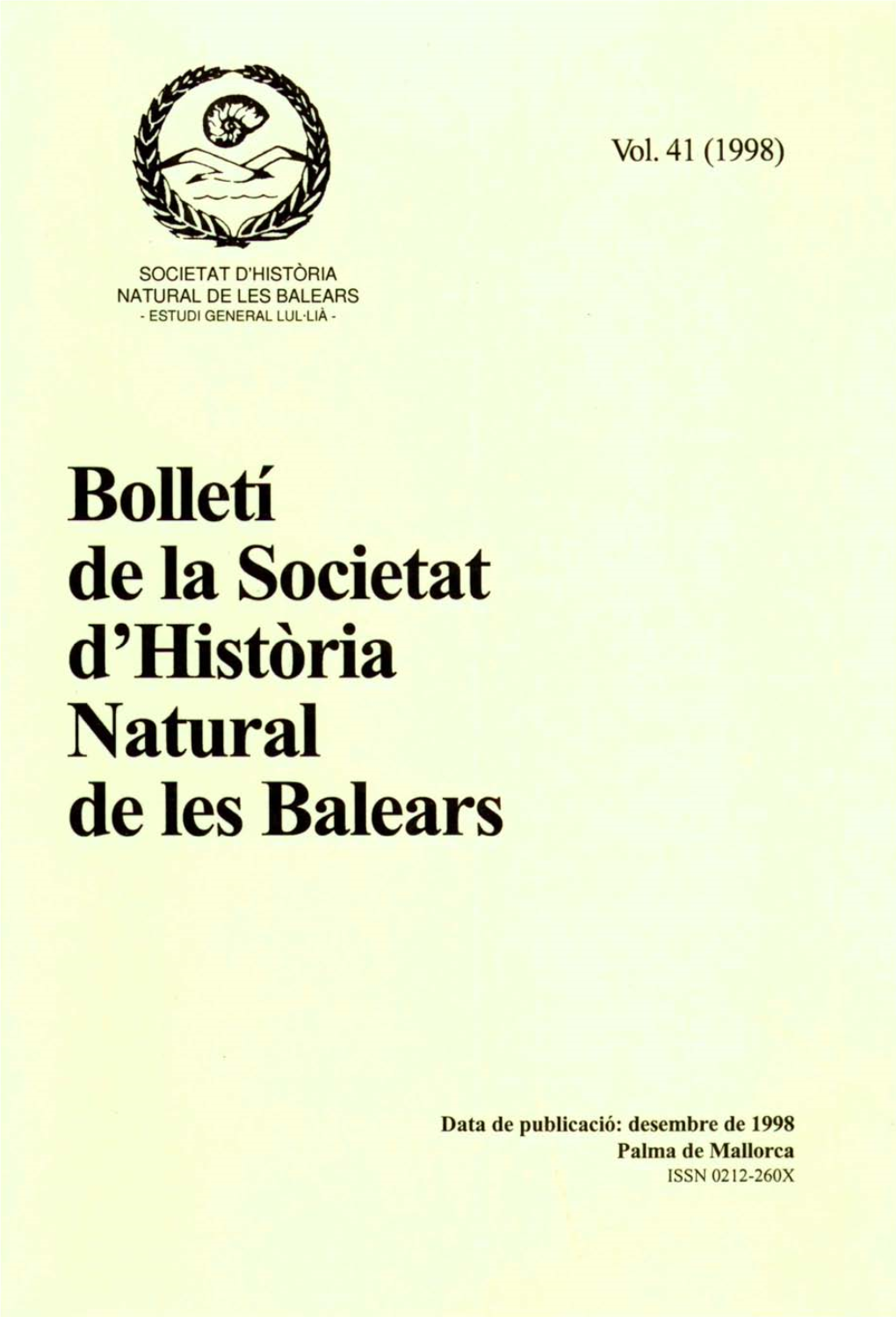 Bolletí De La Societat D'història Natural De Les Balears 1998, Vol. 41