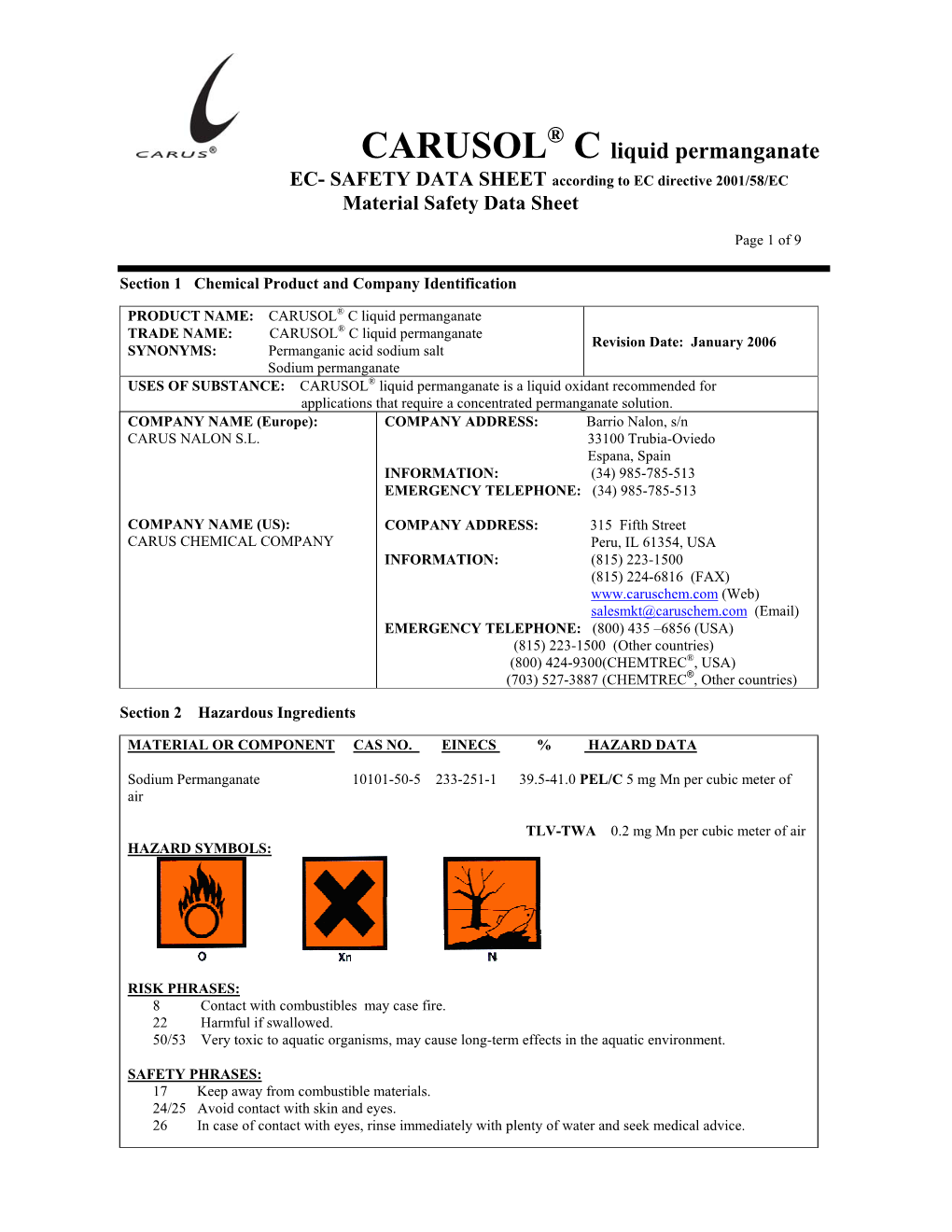 CARUSOL C Liquid Permanganate EC- SAFETY DATA SHEET According to EC Directive 2001/58/EC Material Safety Data Sheet