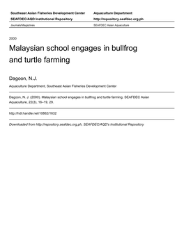Malaysian School Engages in Bullfrog and Turtle Farming