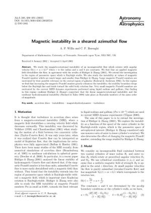 Astronomy & Astrophysics Magnetic Instability in a Sheared Azimuthal Flow