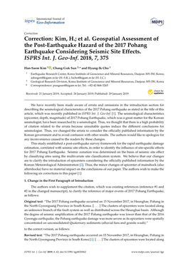 Correction: Kim, H.; Et Al. Geospatial Assessment of the Post-Earthquake Hazard of the 2017 Pohang Earthquake Considering Seismic Site Effects