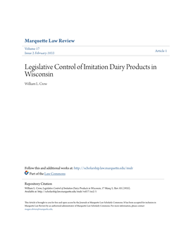 Legislative Control of Imitation Dairy Products in Wisconsin William L