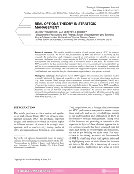 REAL OPTIONS THEORY in STRATEGIC MANAGEMENT LENOS TRIGEORGIS1 and JEFFREY J
