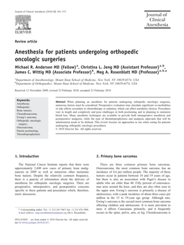 Anesthesia for Patients Undergoing Orthopedic Oncologic Surgeries Michael R