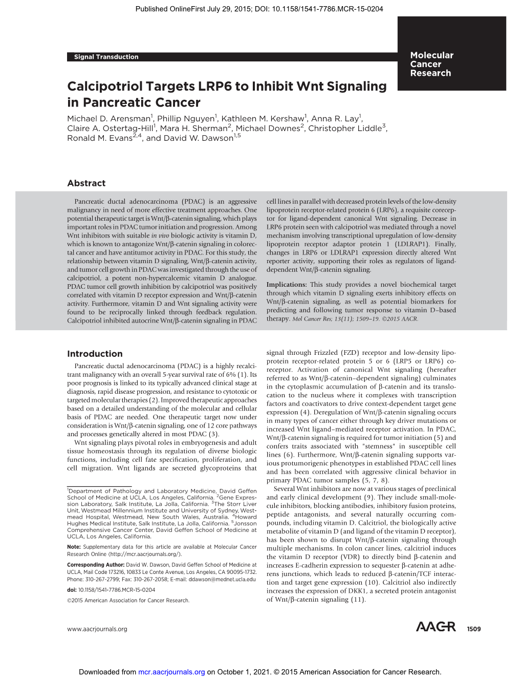 Calcipotriol Targets LRP6 to Inhibit Wnt Signaling in Pancreatic Cancer Michael D