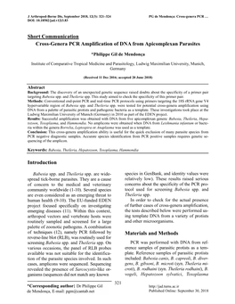 Short Communication Cross-Genera PCR Amplification of DNA from Apicomplexan Parasites