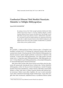 Cumhuriyet Dönemi Türk Musikisi Nazariyatı: Makaleler Ve Tebliğler Bibliyografyası