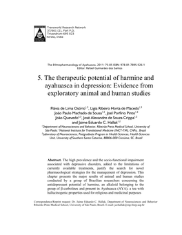 5. the Therapeutic Potential of Harmine and Ayahuasca in Depression: Evidence from Exploratory Animal and Human Studies