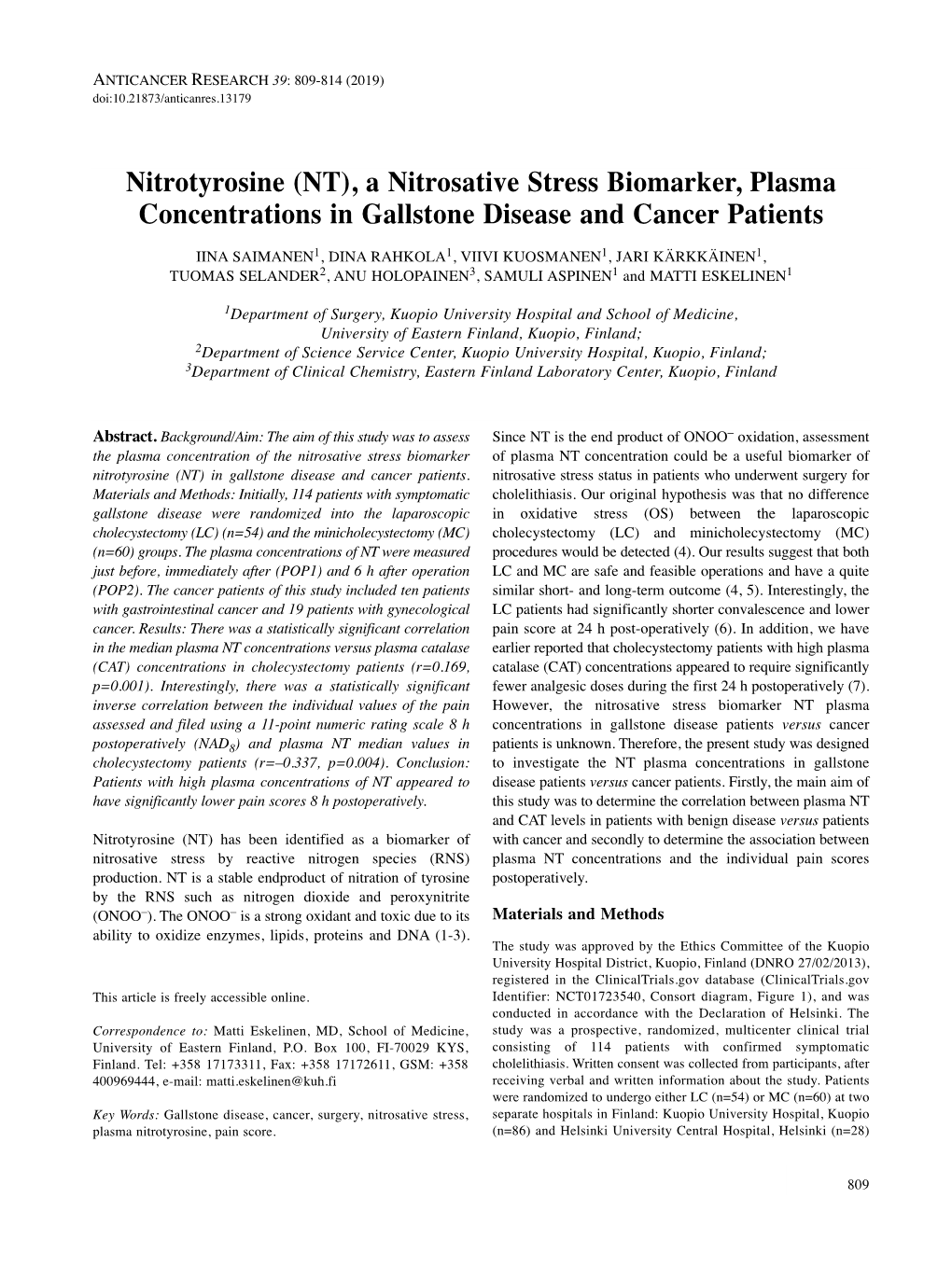 (NT), a Nitrosative Stress Biomarker, Plasma Concentrations in Gallstone