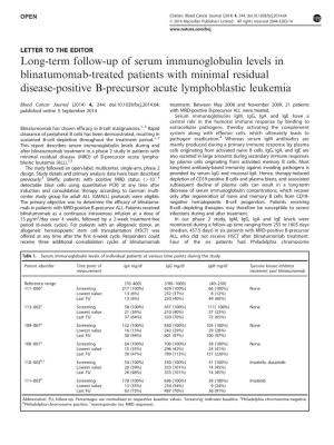 Long-Term Follow-Up of Serum Immunoglobulin Levels in Blinatumomab-Treated Patients with Minimal Residual Disease-Positive B-Precursor Acute Lymphoblastic Leukemia